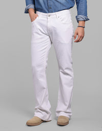 White 5 Pocket Mid Rise Cropped Length Loose Boot Leg Stretch Jeans