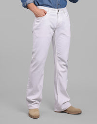 White 5 Pocket Mid Rise Cropped Length Loose Boot Leg Stretch Jeans
