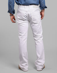 White 5 Pocket Mid Rise Cropped Length Loose Boot Leg Stretch Jeans