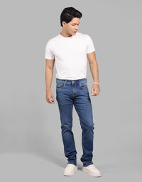 Med Blue 5 Pocket Mid-Rise Slim Straight Fit Stretch Jeans