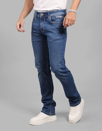 Med Blue 5 Pocket Mid-Rise Slim Straight Fit Stretch Jeans