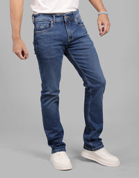 Med Blue 5 Pocket Mid-Rise Slim Straight Fit Stretch Jeans