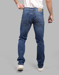 Med Blue 5 Pocket Mid-Rise Slim Straight Fit Stretch Jeans