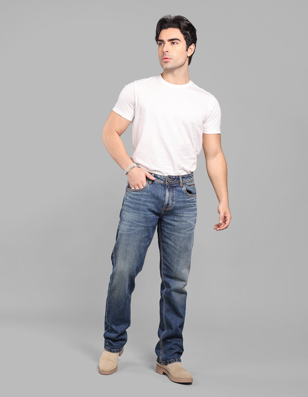 Med Blue 5 Pocket Midrise, Comfort And Straight Fit Stretch Jeans