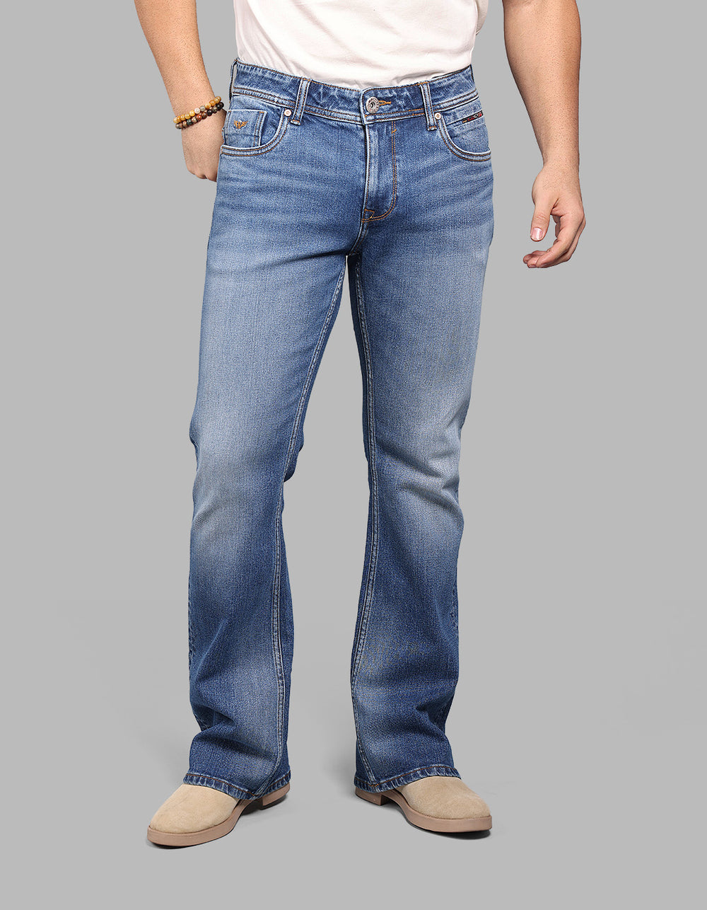 Med Blue 5 Pocket Mid Rise Loose Boot Leg Stretch Jeans