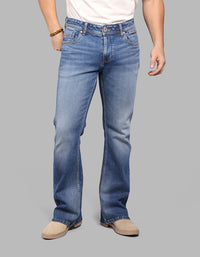 Med Blue 5 Pocket Mid Rise Loose Boot Leg Stretch Jeans