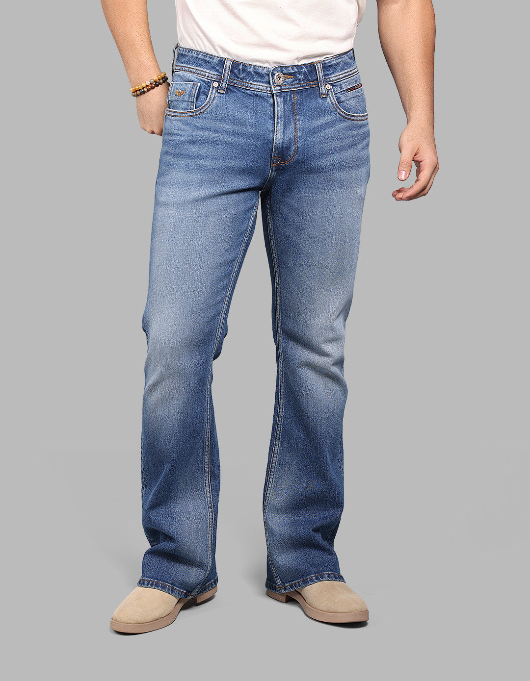 MED BLUE 5 Pocket Mid Rise Cropped length Loose Boot Leg Stretch Jeans