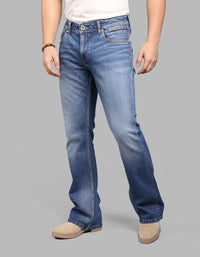 MED BLUE 5 Pocket Mid Rise Loose Boot Leg Stretch Jeans