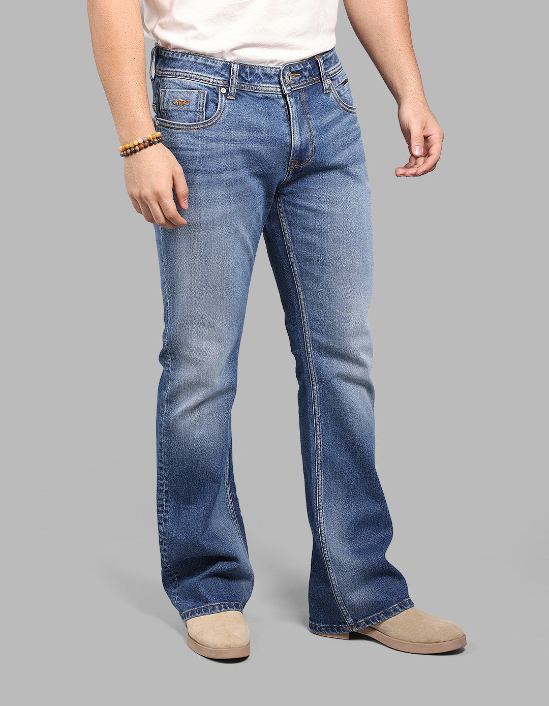 MED BLUE 5 Pocket Mid Rise Loose Boot Leg Stretch Jeans