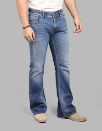 MED BLUE 5 Pocket Mid Rise Cropped length Loose Boot Leg Stretch Jeans