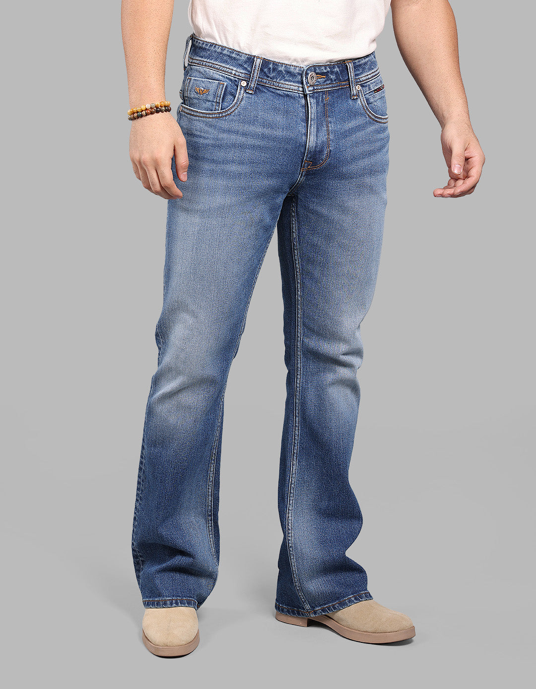 MED BLUE 5 Pocket Mid Rise Loose Boot Leg Stretch Jeans