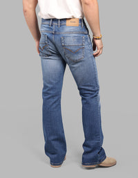 MED BLUE 5 Pocket Mid Rise Cropped length Loose Boot Leg Stretch Jeans