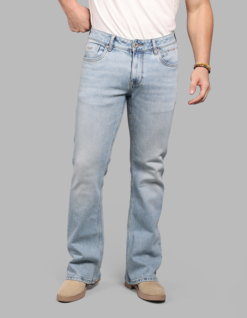 LT BLUE 5 Pocket Mid Rise Loose Boot Leg Stretch Jeans