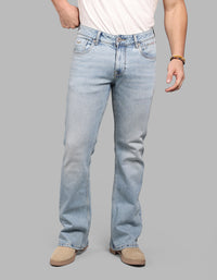 Light Blue Mid Rise Cropped Length Loose Boot Leg Stretch Jeans