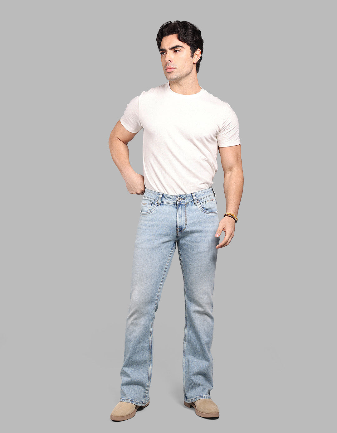 LT BLUE 5 Pocket Mid Rise Loose Boot Leg Stretch Jeans