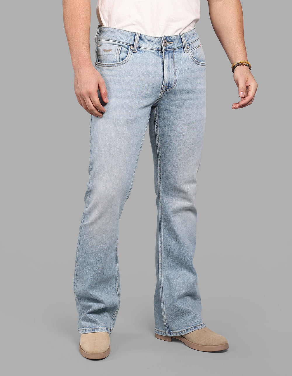 Light Blue Mid Rise Cropped Length Loose Boot Leg Stretch Jeans