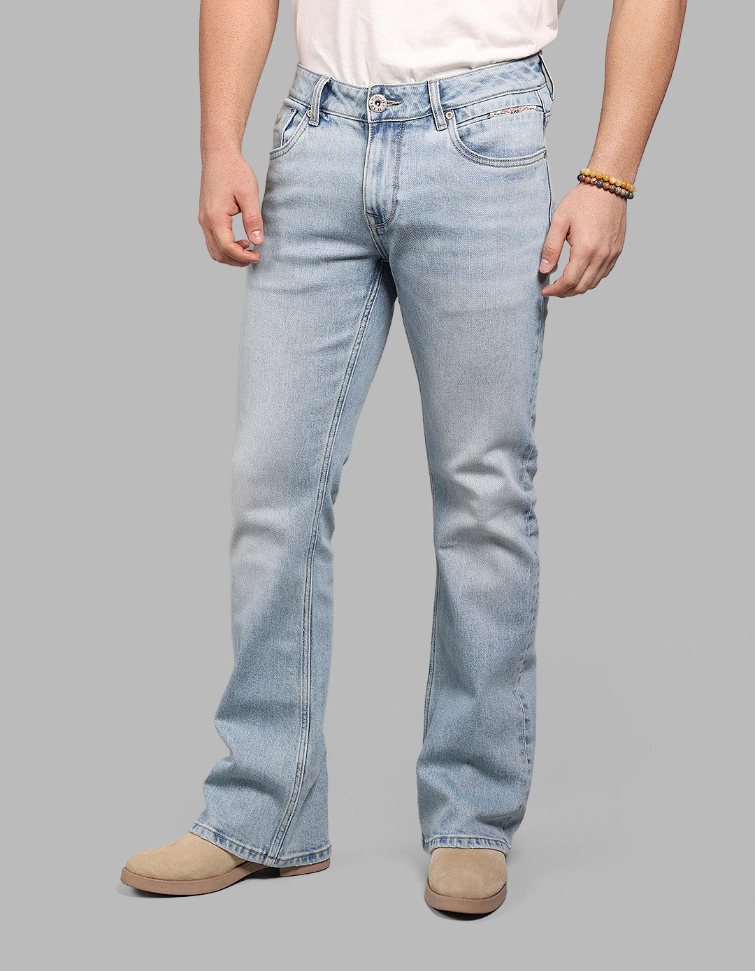 LT BLUE 5 Pocket Mid Rise Loose Boot Leg Stretch Jeans