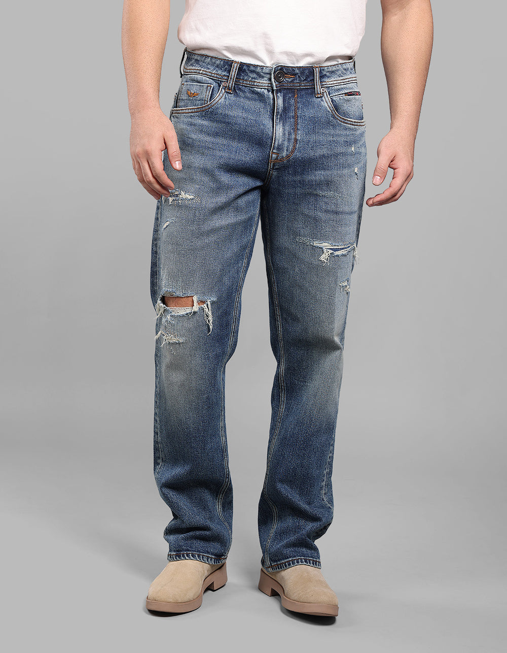 Med Blue Midrise, Comfort And Straight Crop Length Stretch Jeans