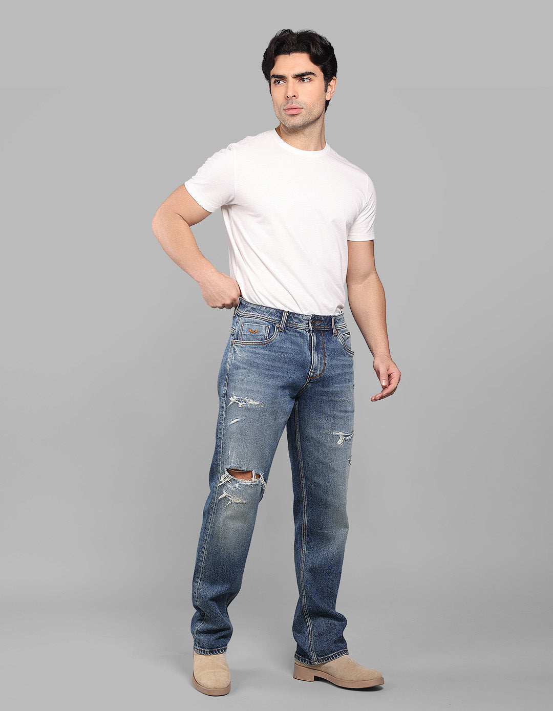 Med Blue 5 Pocket Midrise, Comfort And Straight Fit Stretch Jeans