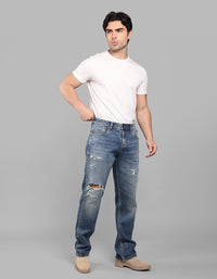 Med Blue 5 Pocket Midrise, Comfort And Straight Fit Stretch Jeans