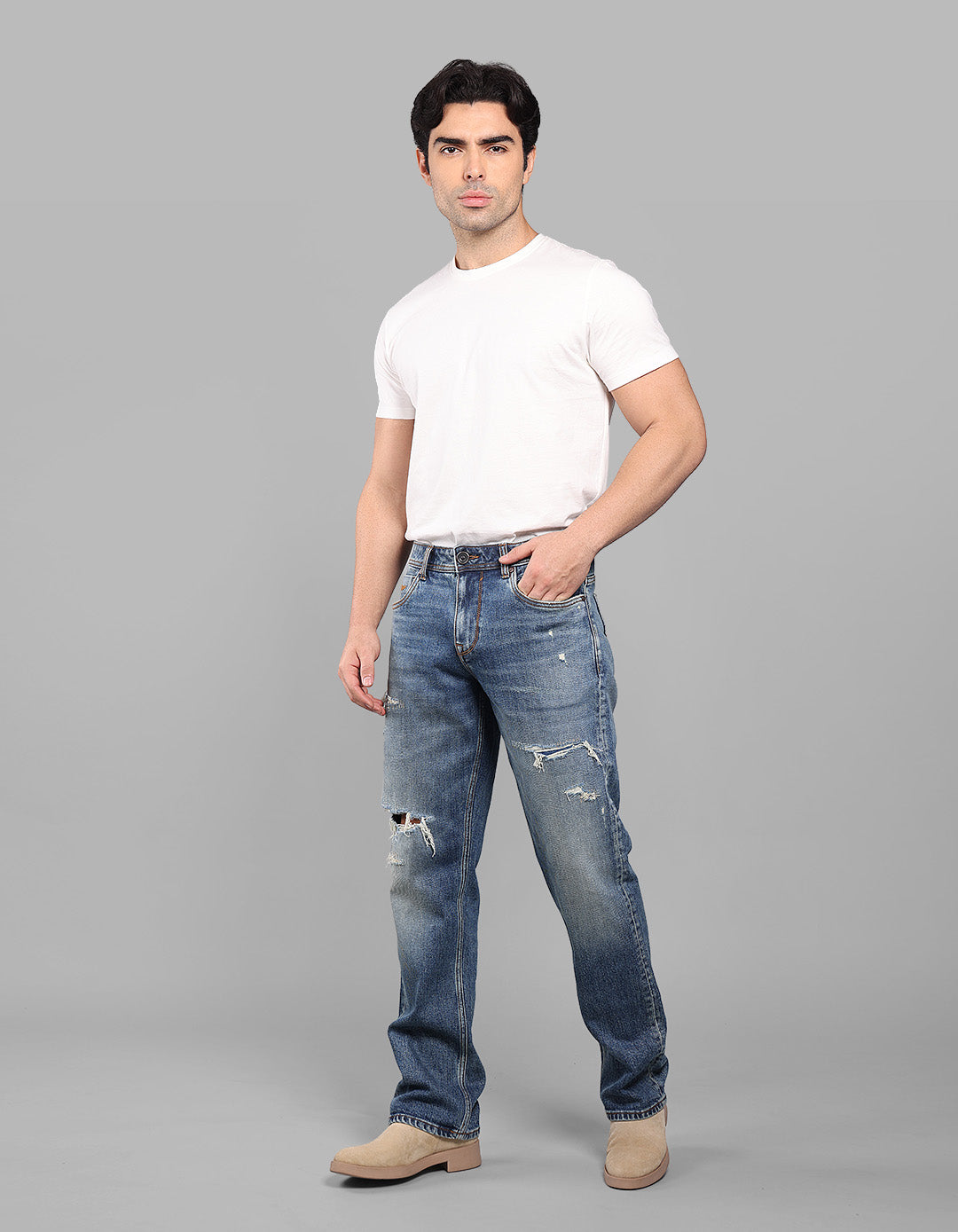 Med Blue 5 Pocket Midrise, Comfort And Straight Fit Stretch Jeans