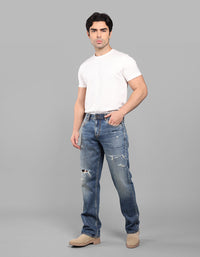 Med Blue Midrise, Comfort And Straight Crop Length Stretch Jeans