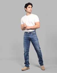 Med Blue 5 Pocket Midrise, Comfort And Straight Fit Stretch Jeans