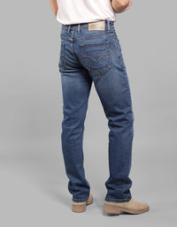 Med Blue 5 Pocket Midrise, Comfort And Straight Fit Stretch Jeans