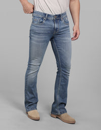 Med Blue 5 Pocket Mid Rise Loose Boot Leg Stretch Jeans