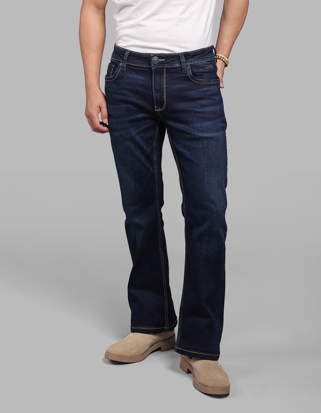 Dk Blue 5 Pocket Mid Rise Cropped Length Loose Boot Leg Stretch Jeans