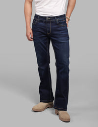 Dk Blue 5 Pocket Mid Rise Cropped Length Loose Boot Leg Stretch Jeans