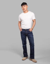 Dk Blue 5 Pocket Mid Rise Cropped Length Loose Boot Leg Stretch Jeans