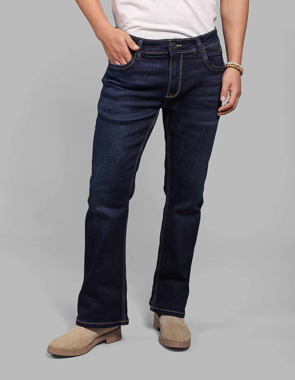 Dk Blue 5 Pocket Mid Rise Cropped Length Loose Boot Leg Stretch Jeans