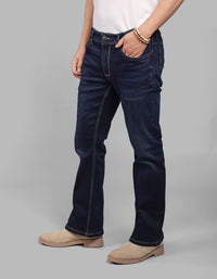 Dk Blue 5 Pocket Mid Rise Cropped Length Loose Boot Leg Stretch Jeans