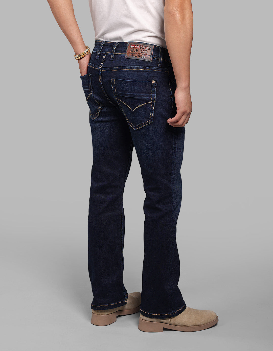 Dk Blue 5 Pocket Mid Rise Cropped Length Loose Boot Leg Stretch Jeans