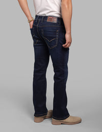 Dk Blue 5 Pocket Mid Rise Cropped Length Loose Boot Leg Stretch Jeans