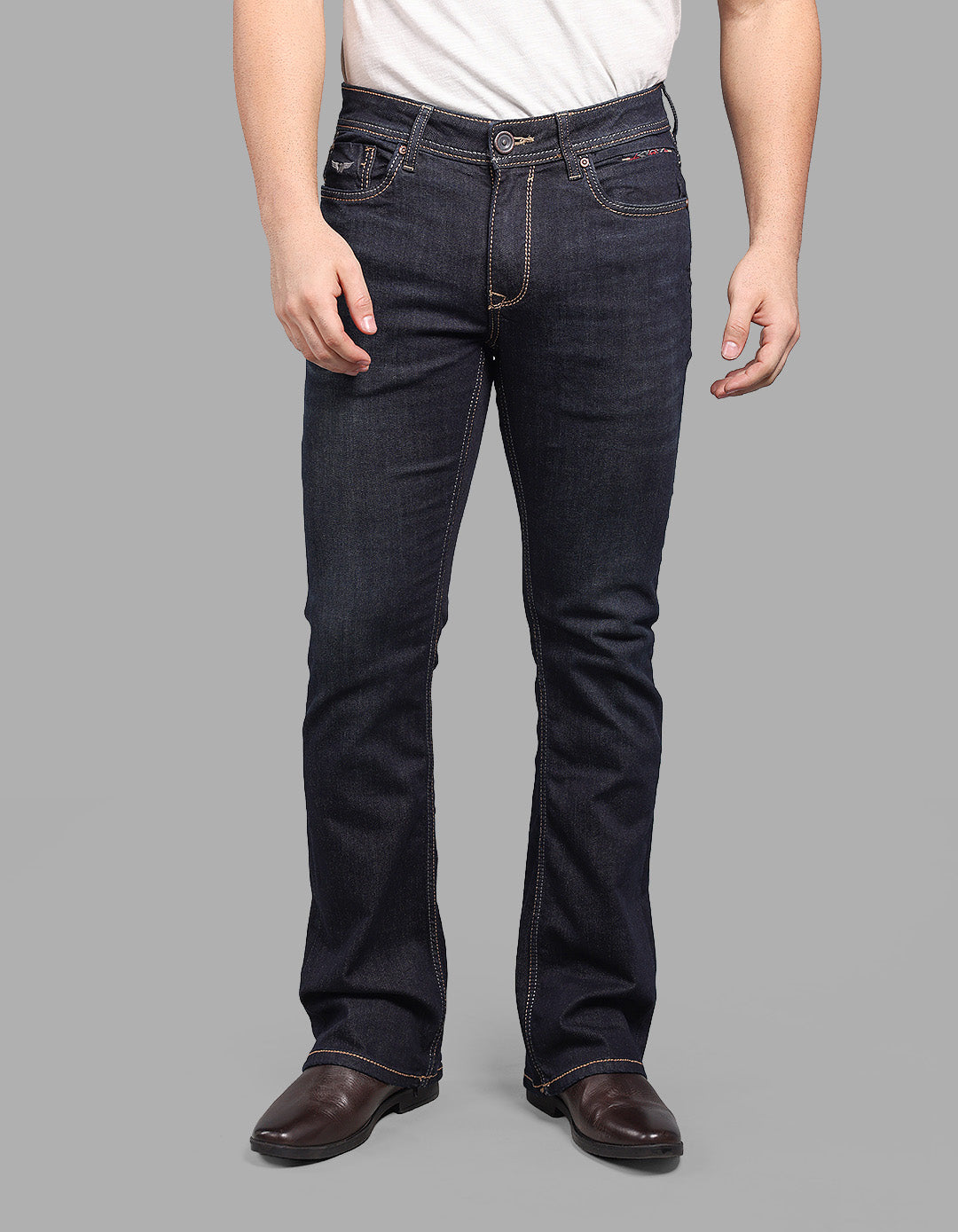 DK BLUE 5 Pocket Mid Rise Loose Boot Leg Stretch Jeans