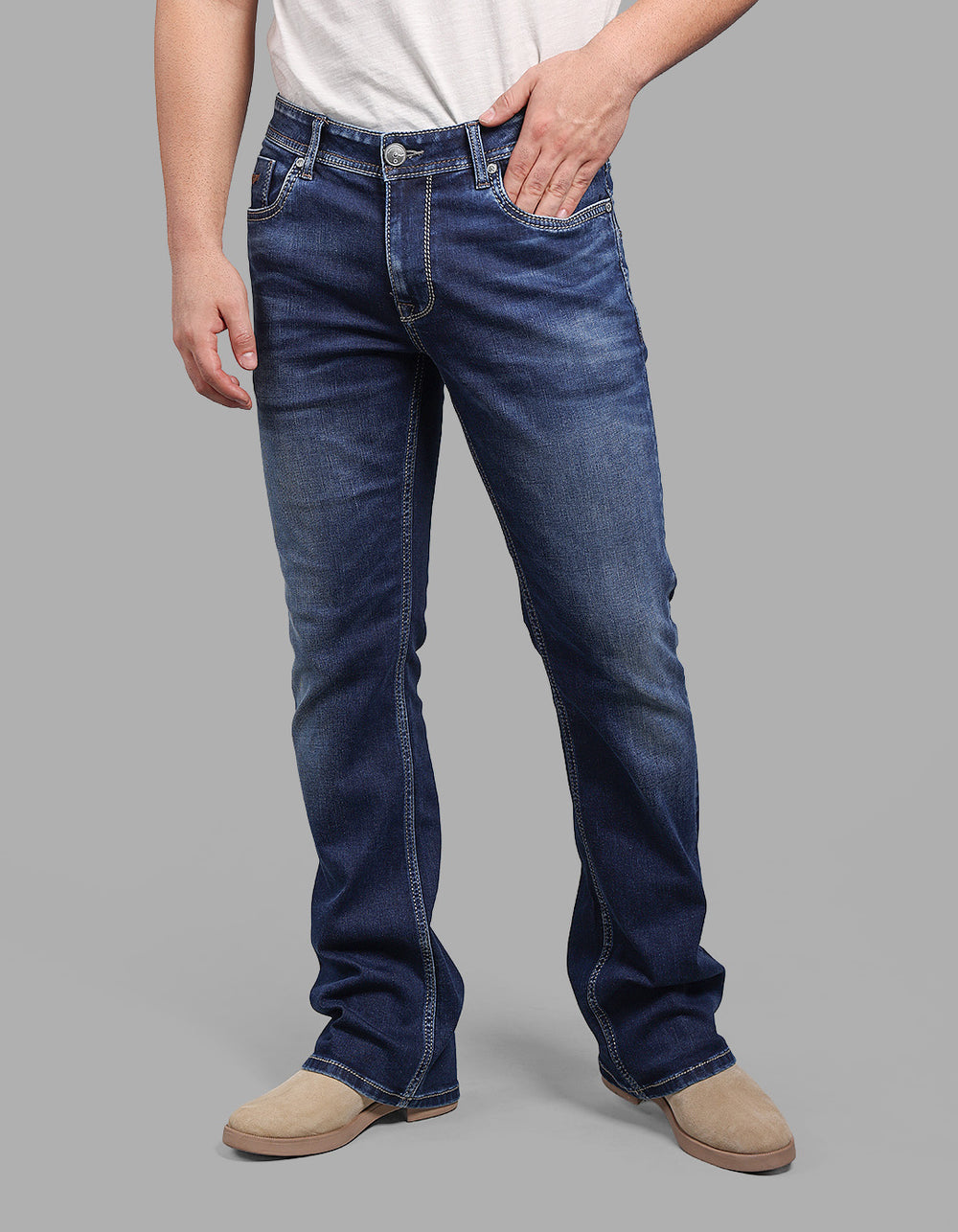 Med Blue Mid Rise Loose Boot Leg Stretch Jeans