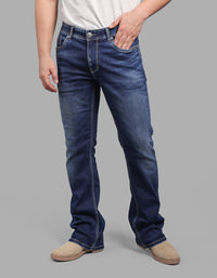 Med Blue Mid Rise Loose Boot Leg Stretch Jeans