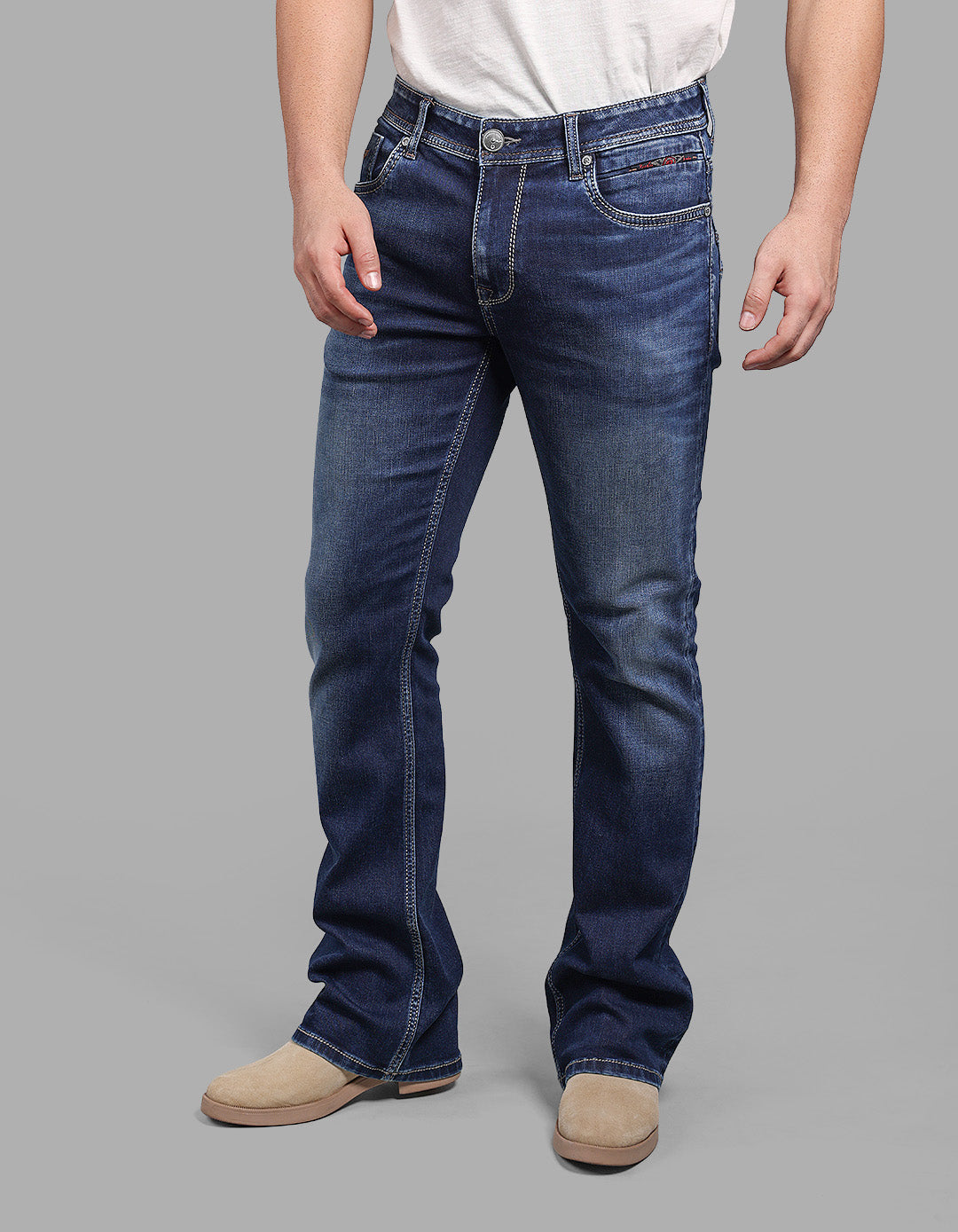 Med Blue Mid Rise Cropped Length Loose Boot Leg Stretch Jeans