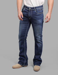 Med Blue Mid Rise Cropped Length Loose Boot Leg Stretch Jeans