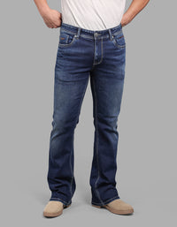 Med Blue Mid Rise Loose Boot Leg Stretch Jeans