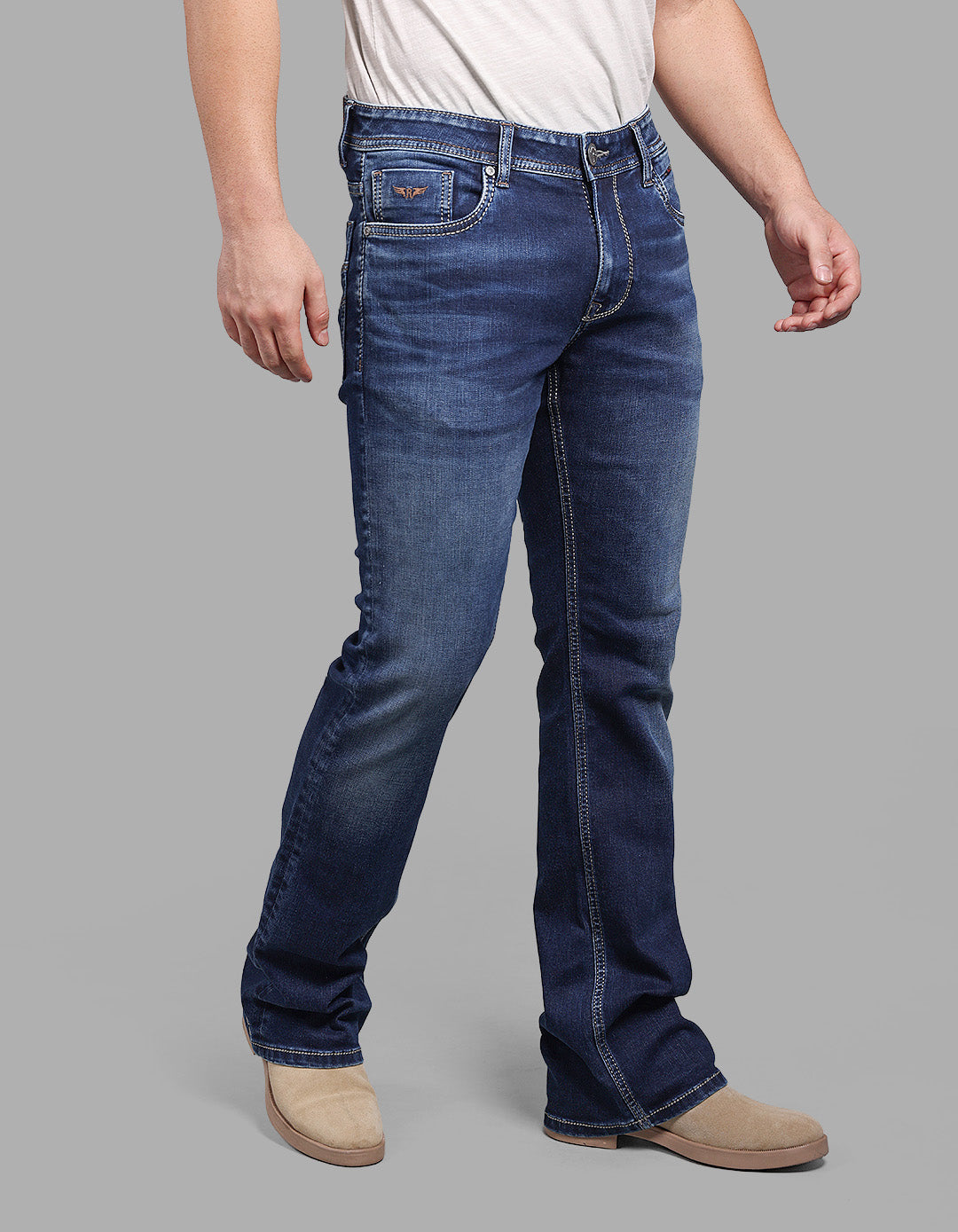 Med Blue Mid Rise Cropped Length Loose Boot Leg Stretch Jeans