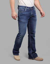 Med Blue Mid Rise Loose Boot Leg Stretch Jeans