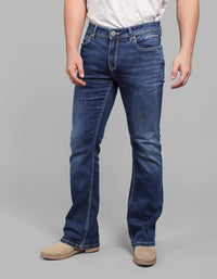 Med Blue 5 Pocket Mid Rise Loose Boot Leg Stretch Jeans