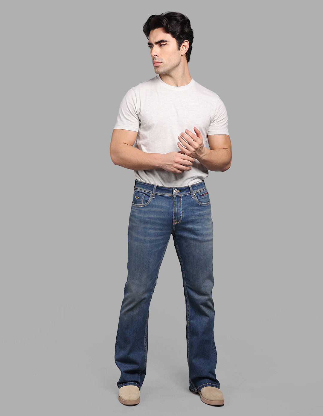 MED BLUE 5 Pocket Mid Rise Loose Boot Leg Stretch Jeans