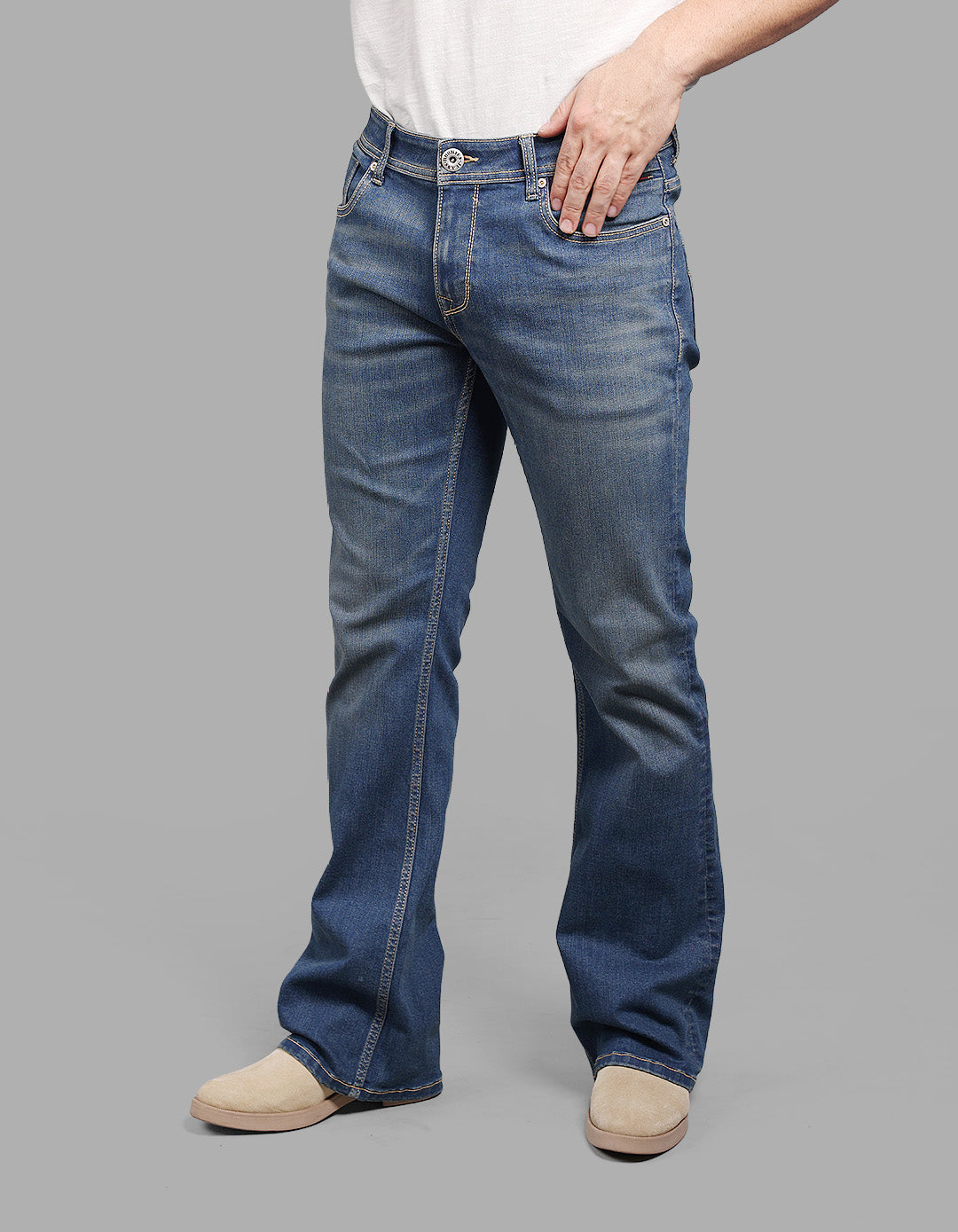 MED BLUE 5 Pocket Mid Rise Loose Boot Leg Stretch Jeans