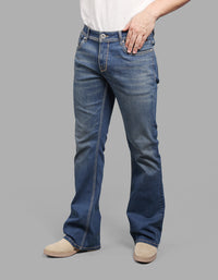 MED BLUE 5 Pocket Mid Rise Loose Boot Leg Stretch Jeans