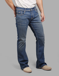 MED BLUE 5 Pocket Mid Rise Cropped length Loose Boot Leg Stretch Jeans