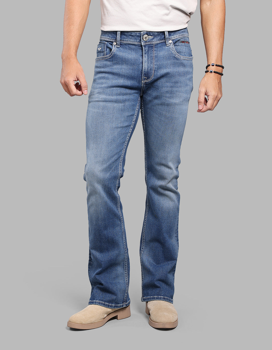 MED BLUE 5 Pocket Mid Rise Loose Boot Leg Stretch Jeans